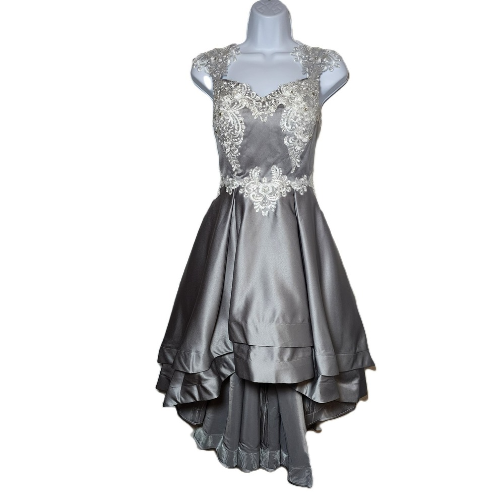 JJ's House Size 4 Silver Gray Formal Dress High-Low Gown Lace Beaded Bodice‎ NWT